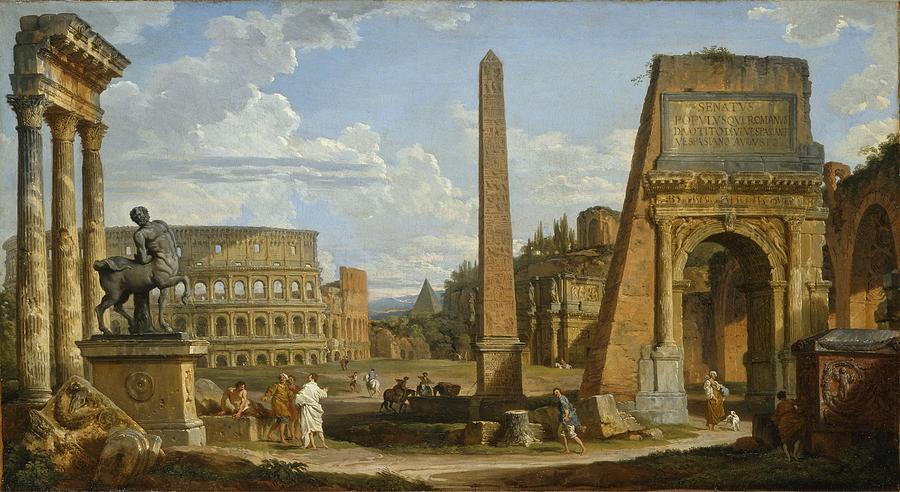 Architecture Painting - A Capriccio View Of Roman Ruins, 1737 by Giovanni Paolo Panini