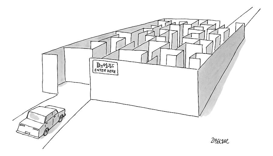 A Car Is Entering A Maze Labeled Drawing by Jack Ziegler