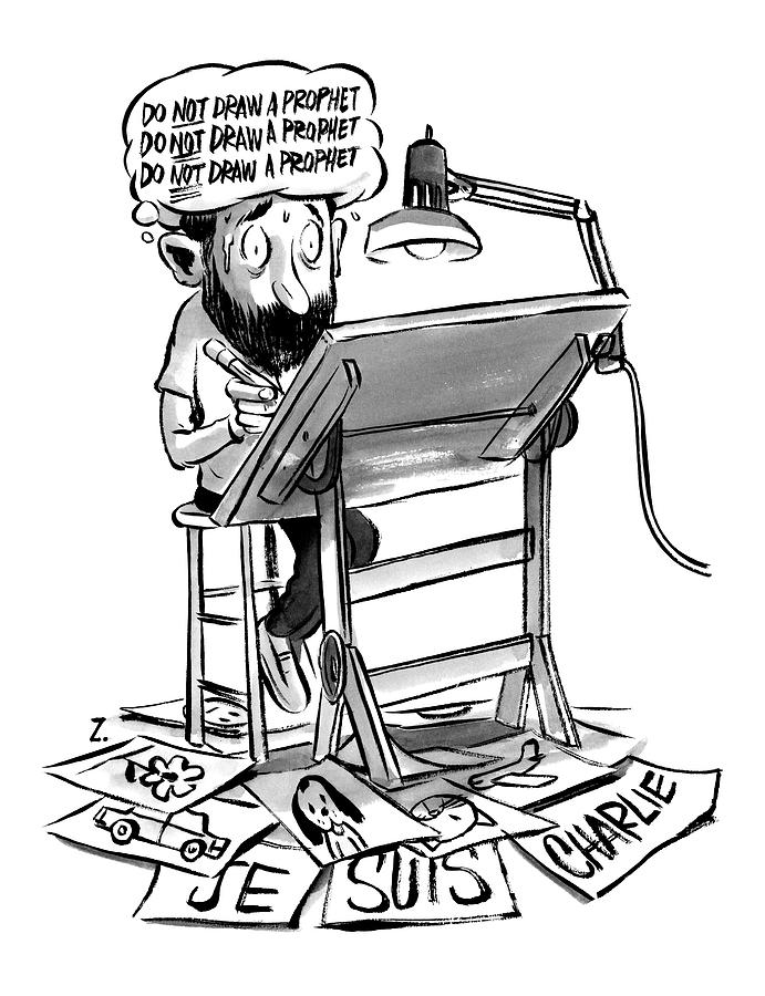 A Cartoonist Sits At His Desk Drawing. A Thought Drawing by Zohar Lazar