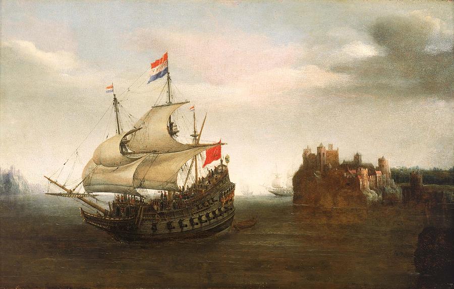 A Castle With A Dutch Ship Sailing Nearby Painting by Pam Neilands