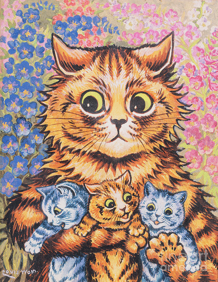 Louis Wain Painting - A Cat with her Kittens by Louis Wain