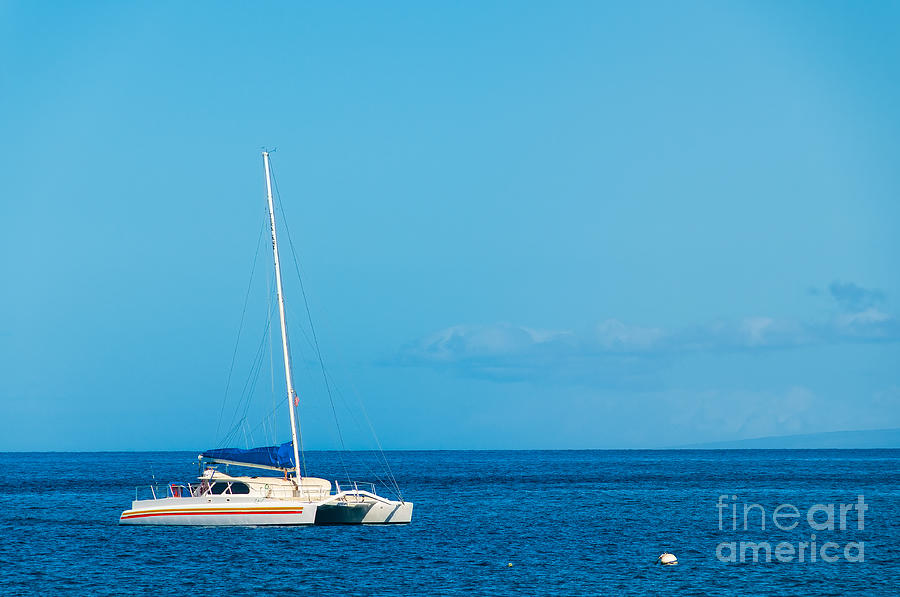A catamaran moored in the Pacific Ocean off the island of Maui H Photograph by Don Landwehrle
