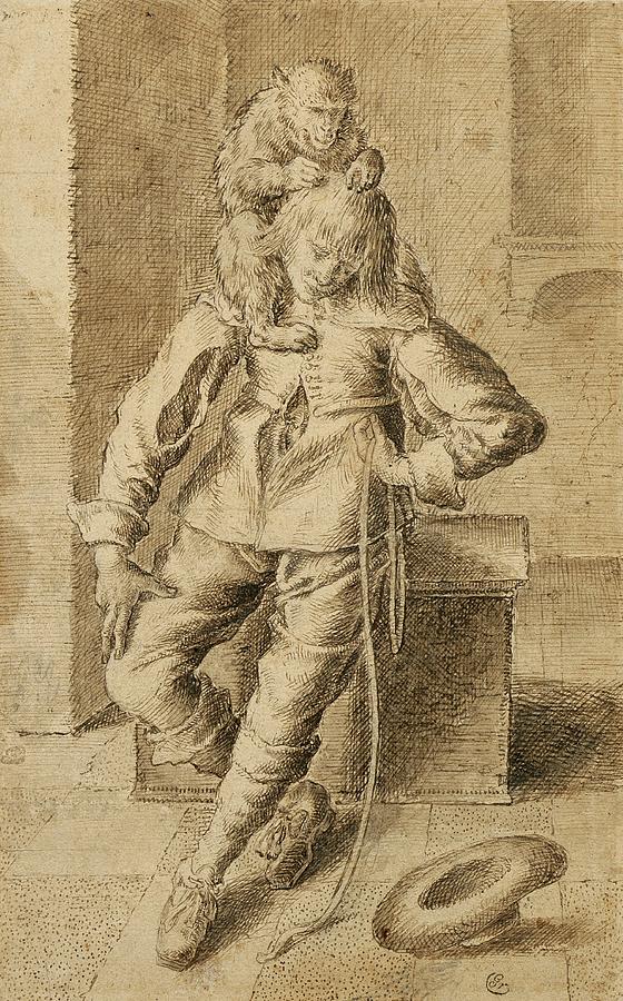 Monkey Drawing - A Cavalier With A Monkey by Gottfried Libalt