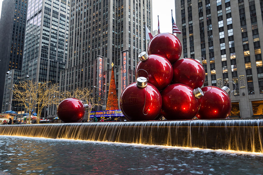 A Christmas Card from New York City - Radio City Music Hall and the Giant Red Balls Photograph by Georgia Mizuleva