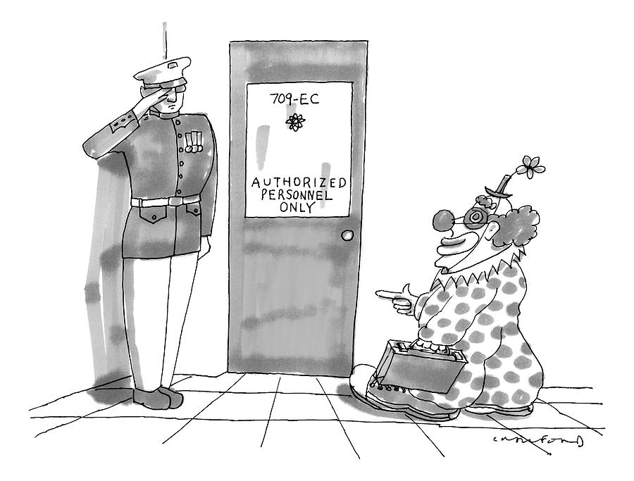 A Clown Is Seen Walking Into A Door Which Says Drawing by Michael Crawford