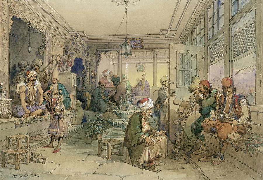 A Coffee House, Constantinople, 1854 Painting by Amadeo Preziosi