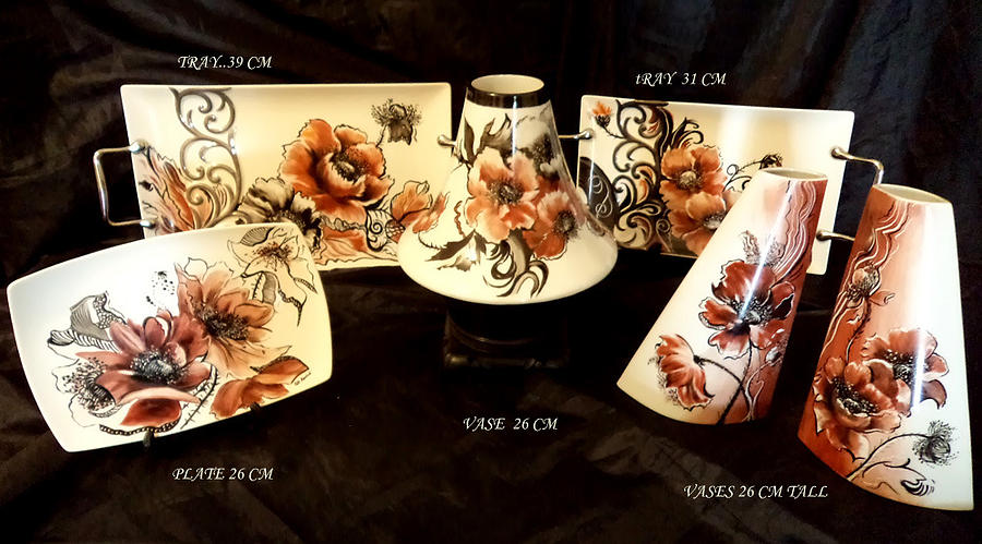 A collection of Porcelain with poppies Glass Art by Patricia Rachidi