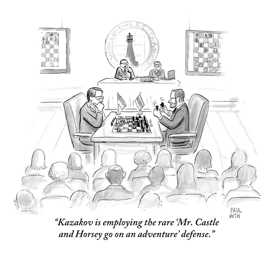 A Commentator Narrates A Match In A World Chess Drawing by Paul Noth