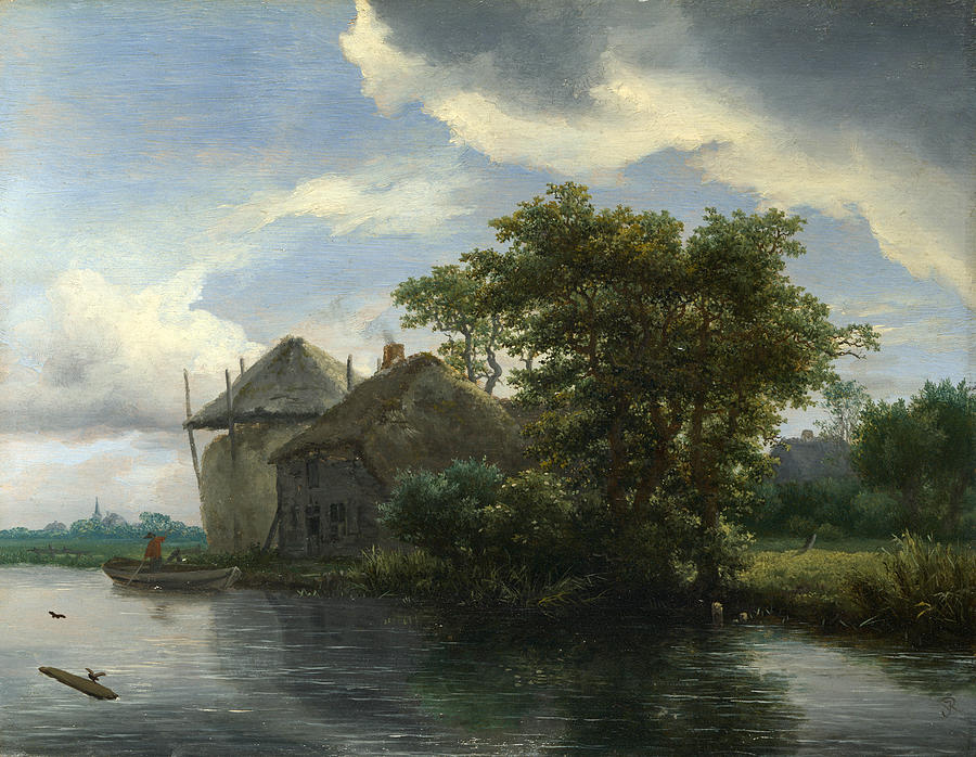 A Cottage and a Hayrick by a River Painting by Jacob Isaacksz van Ruisdael
