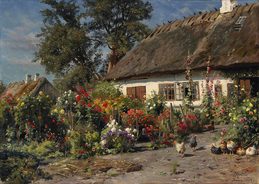A Cottage Garden with Chickens Painting by Peder Mork Monsted