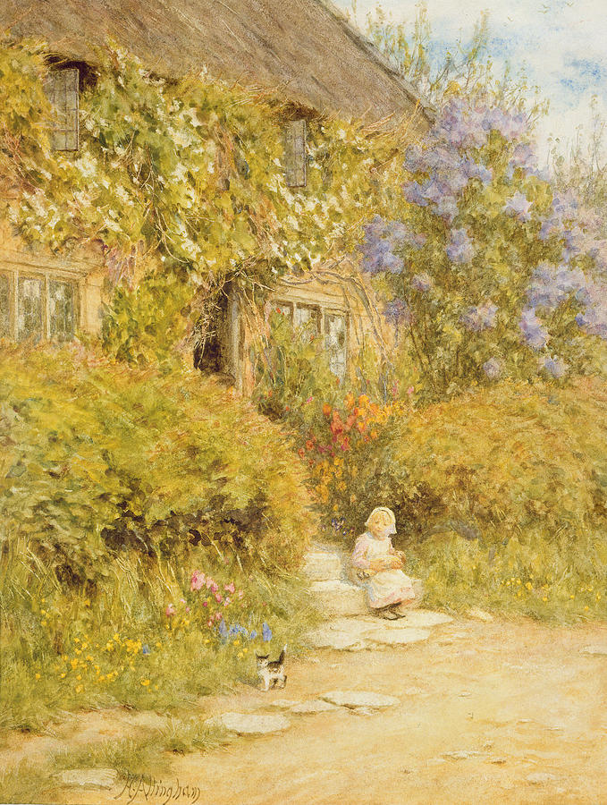 Flower Painting - A Cottage Near Crewkerne  by Helen Allingham