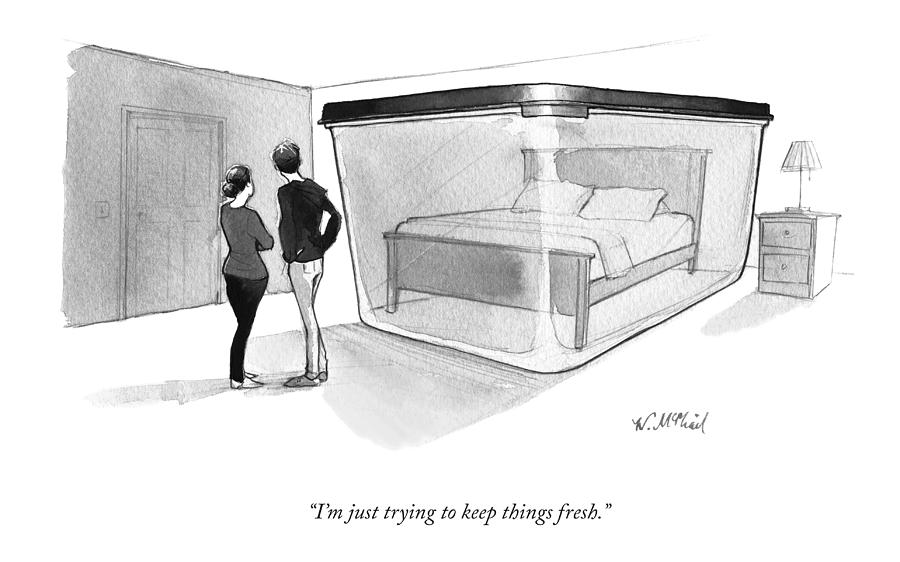 A Couple Looks At A Bed Encased In A Giant Drawing by Will McPhail