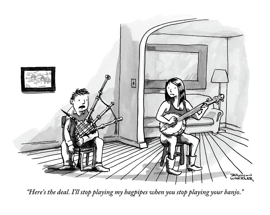 Banjo Drawing - A Couple Sits In The Living Room Testing Who by Shannon Wheeler