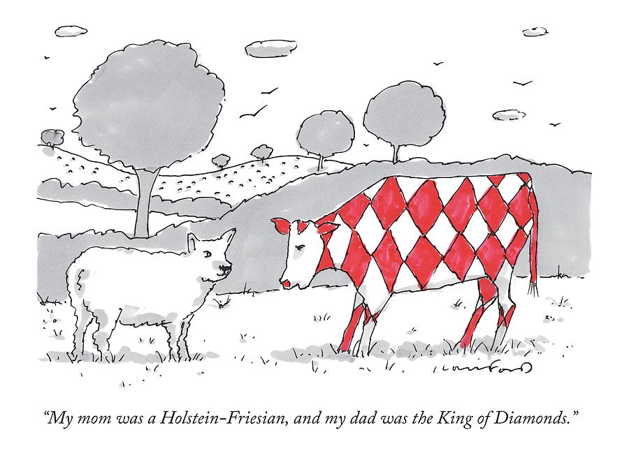 A Cow With A Red Diamond Spots Talks To Another Drawing by Michael Crawford