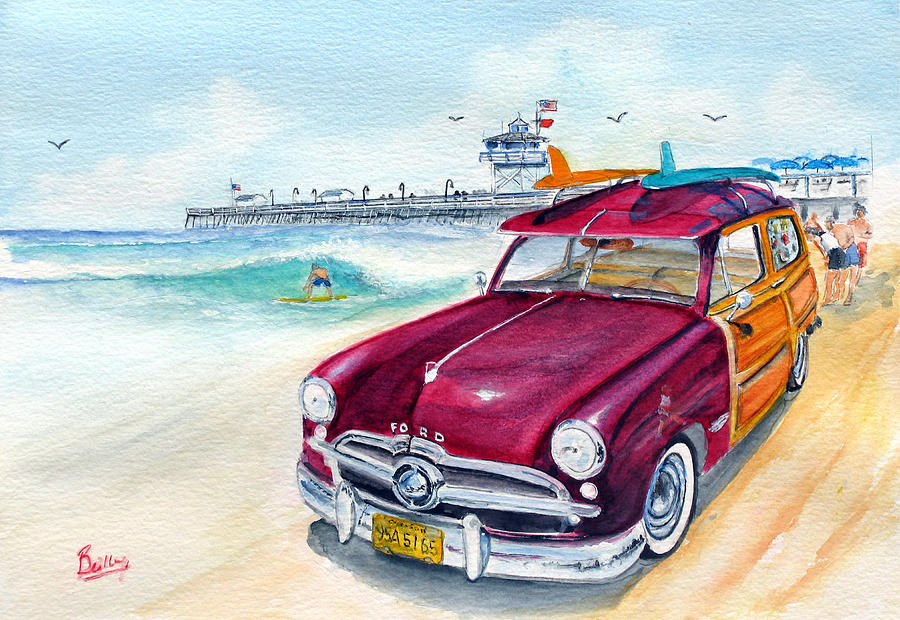 Summer Painting - A Day at the Beach with my 49 Ford woody by Rob Beilby