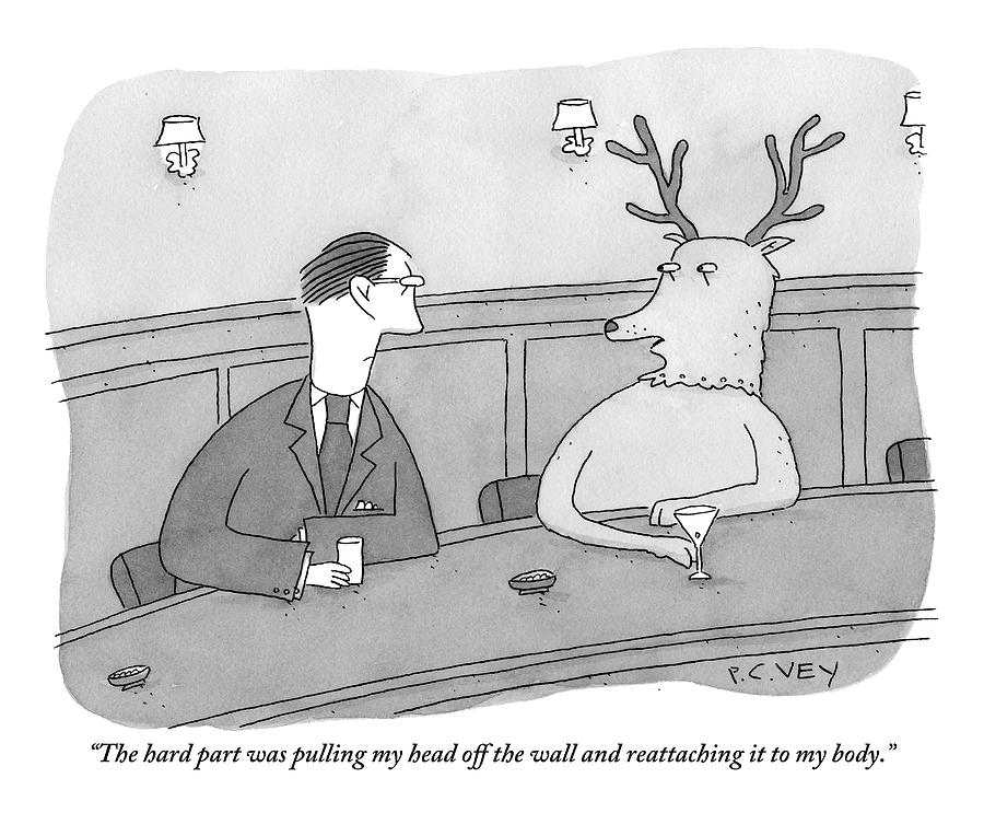 A Deer Talks To A Man At A Bar Drawing by Peter C. Vey