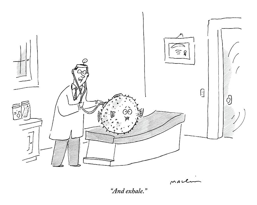 A Doctor Conducts A Check Up On His Blowfish Drawing by Michael Maslin