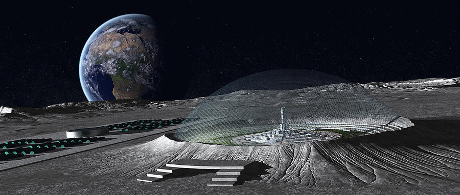 A domed crater is home to a lunar city. Earth rises in the background. Drawing by Frieso Hoevelkamp/Stocktrek Images