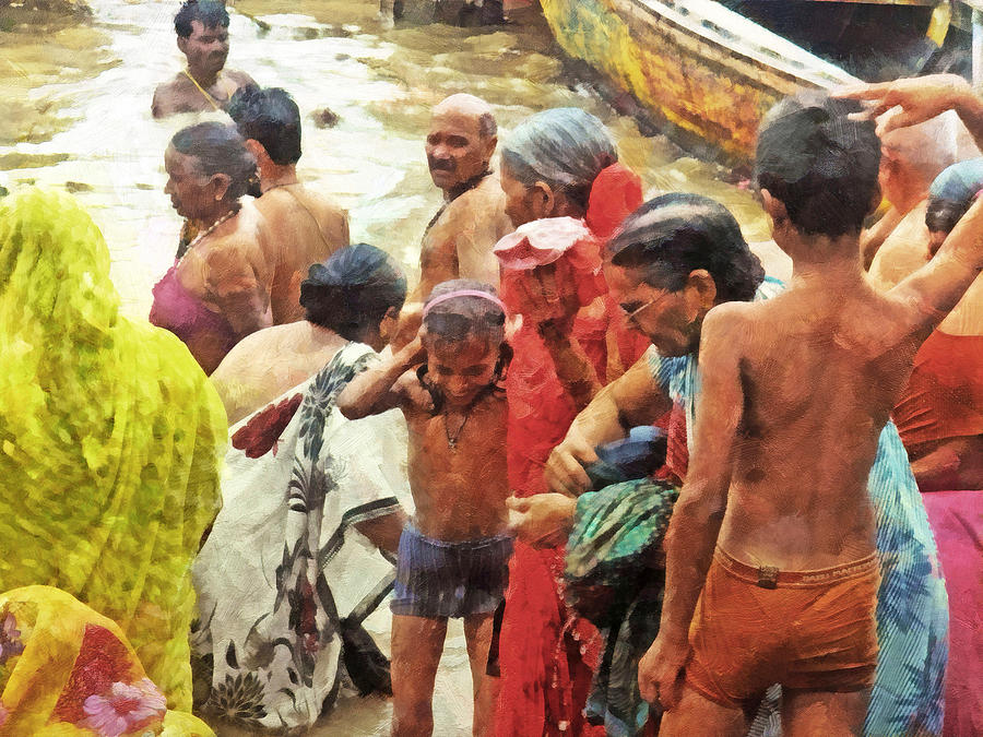 A Family Bathing in the Ganges River Digital Art by Digital Photographic Arts