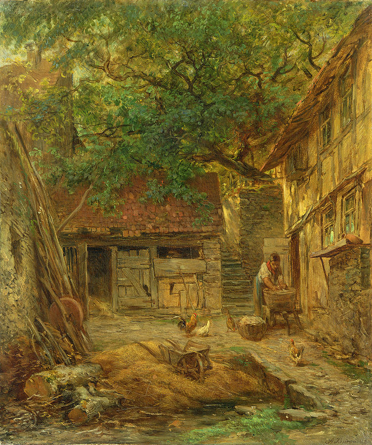 Chicken Photograph - A Farmhouse Courtyard, 1862 Oil On Canvas by Anton Burger
