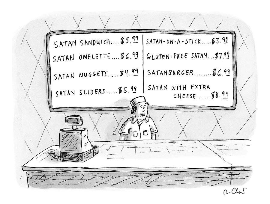 A Fast Food Employee Stands In Front Of A Menu Drawing by Roz Chast A Fast Food Employee Stands In Front Of A Menu Drawing by Roz Chast