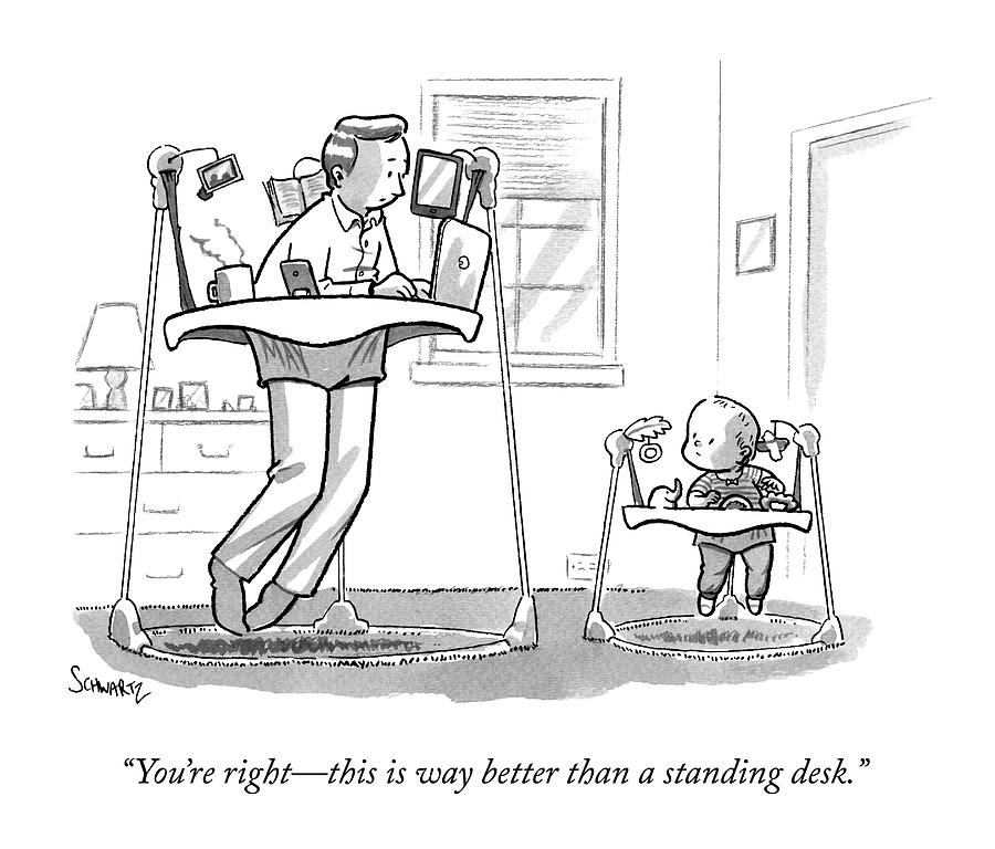 A Father Uses A Standing Babywalker Desk Drawing by Benjamin Schwartz