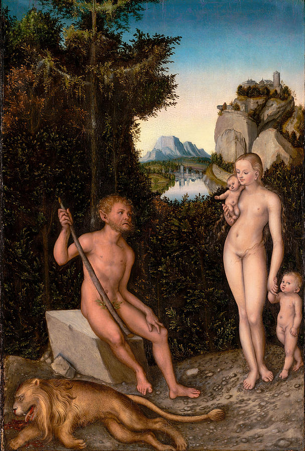 A Faun and His Family with a slain Lion Painting by Lucas Cranach the Elder