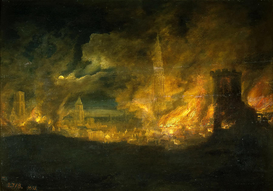 A fire in the city Painting by Daniel van Heil