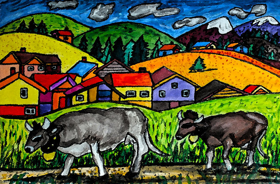 A Folksy Cow Hike Painting by Monica Engeler