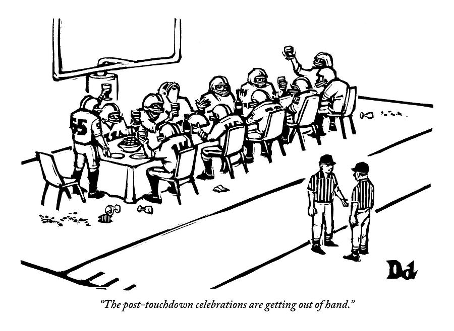A Football Team Enjoys A Seated Dinner With Wine Drawing by Drew Dernavich