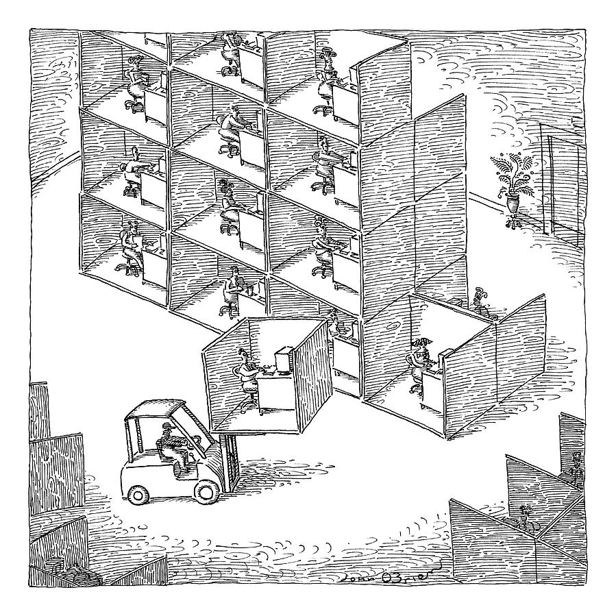 A Forklift Lifts A Cubicle And Moves To Stack Drawing by John OBrien