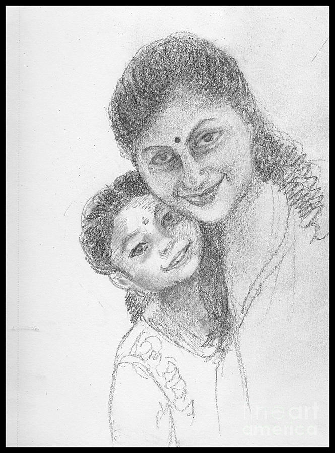 A friend and her daughter Drawing by Asha Sudhaker Shenoy