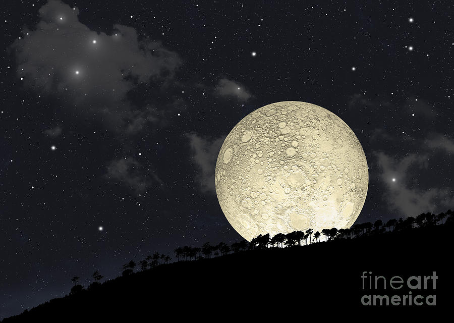 Science Fiction Digital Art - A Full Moon Rising Behind A Row by Marc Ward