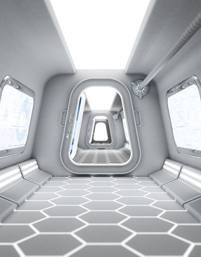A futuristic hallway leading to a bright doorway Drawing by Chad Baker