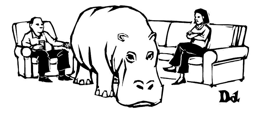 Animal Drawing - A Giant Hippopotamus Is In The Middle Of A Living by Drew Dernavich