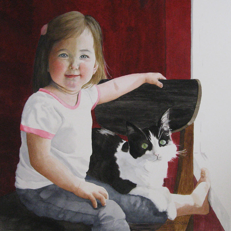 Portrait Painting - A Girl And Her Cat by Parrish Hirasaki Portrait Painting - A Girl And Her Cat by Parrish Hirasaki