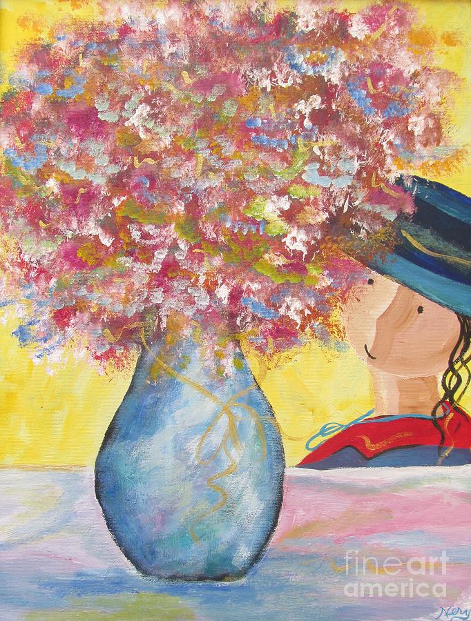 A girl and her flower vase. Painting by Nereida Rodriguez