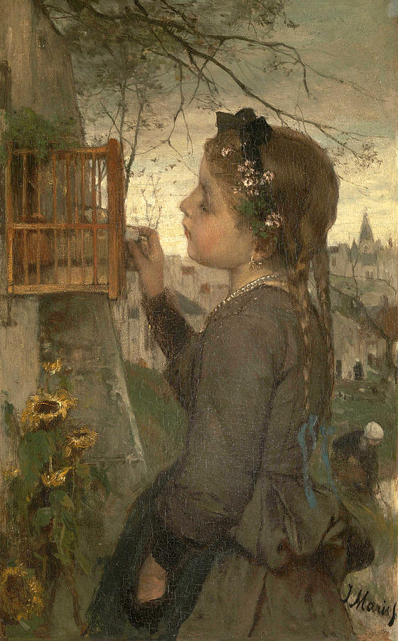 A Girl feeding a Bird in a Cage Painting by Jacob Maris