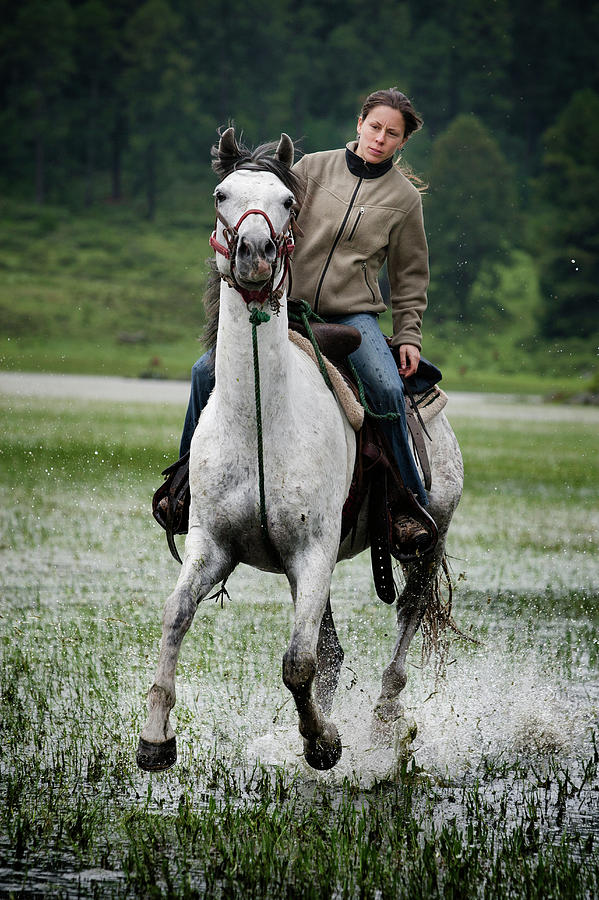 20s Photograph - A Girl Rides A White Horse In The Water by Marcos Ferro 20s Photograph - A Girl Rides A White Horse In The Water by Marcos Ferro