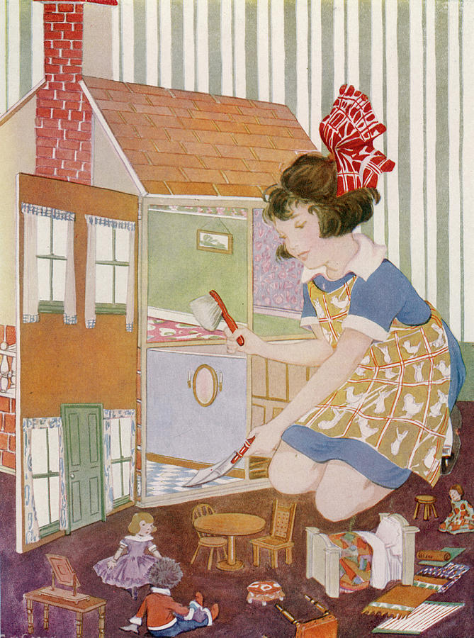 A Girl Spring Cleans Her Dolls' House Drawing by Mary Evans