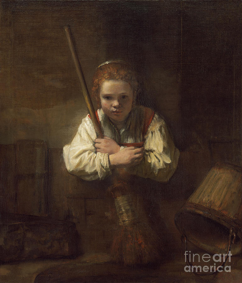 Rembrandt Painting - A Girl with a Broom by Rembrandt by Rembrandt