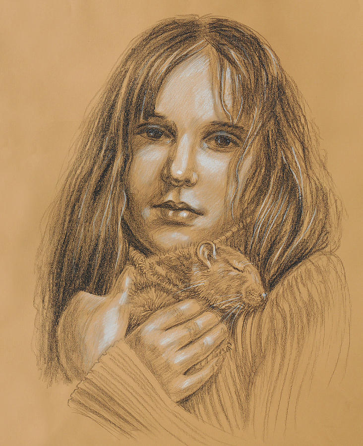 Vintage Drawing - A Girl With The Pet by Irina Sztukowski