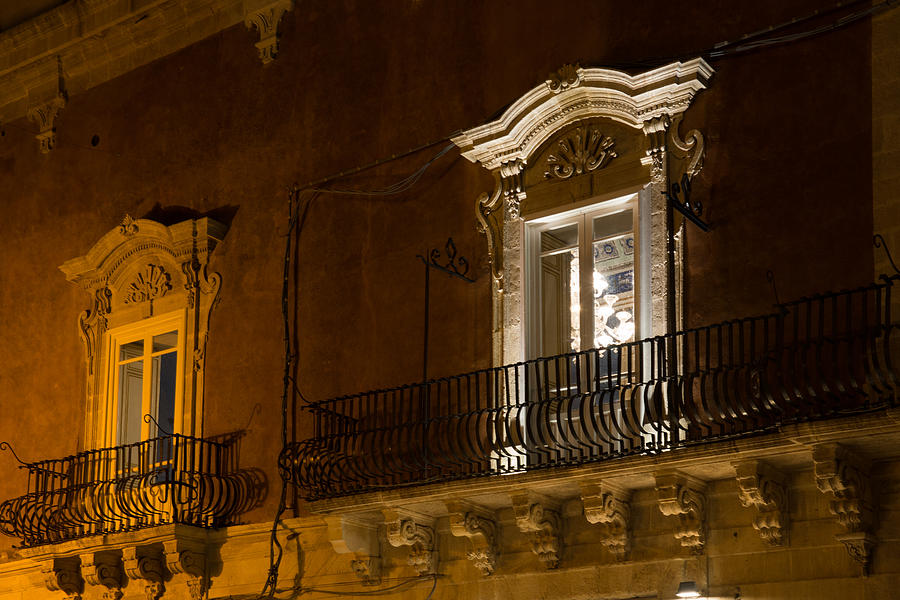 A Glimpse Through the Windows - Sicilian Baroque Palace and Venetian Chandelier  Photograph by Georgia Mizuleva