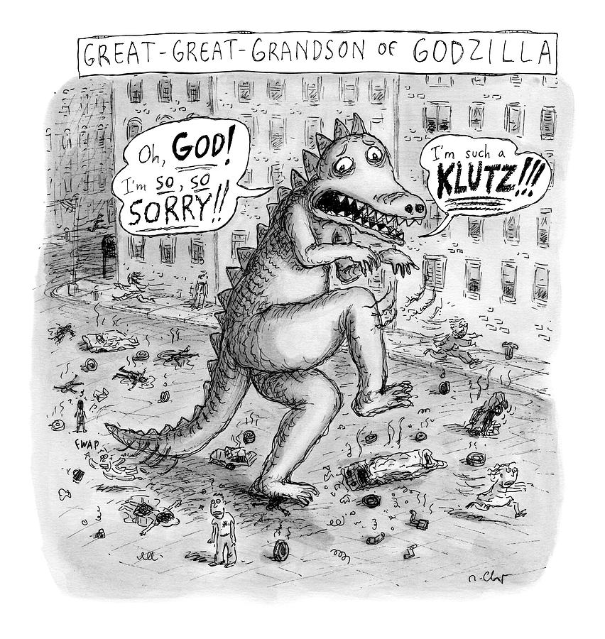 A Godzilla Is Seen Tiptoeing Through A City Drawing by Roz Chast