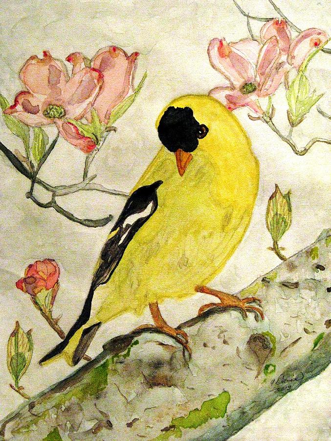 A Goldfinch Spring Painting by Angela Davies