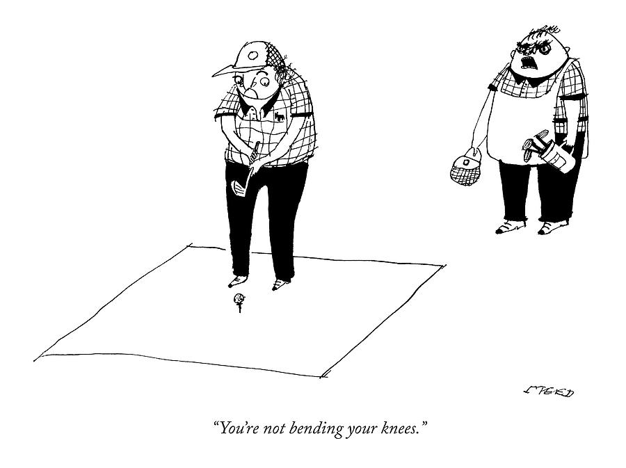 Golf Drawing - A Golf Pro Teaches A Man With A Tiny Golf Club by Edward Steed