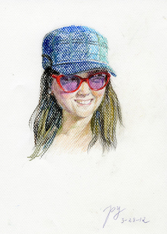 A gril wearing a red sun glasses Painting by Ping Yan