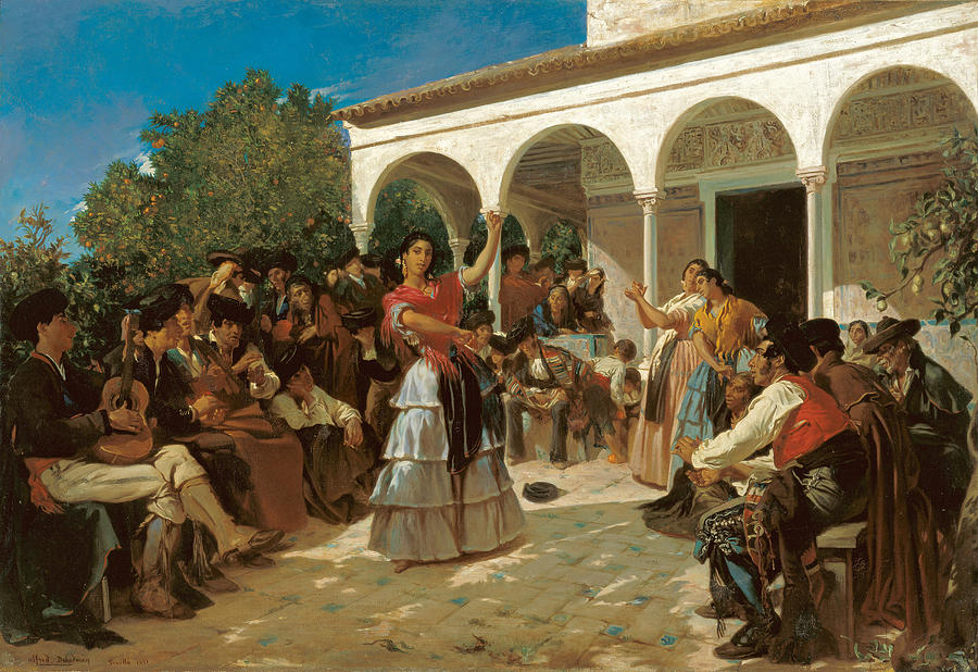 A Gypsy Dance in the Gardens of the Alcazar in front of Charles V Pavilion Painting by Alfred Dehodencq