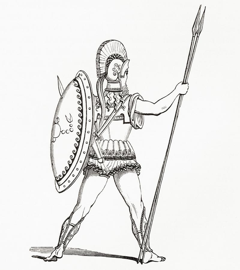 Greek Photograph - A Heavily Armed Greek Warrior Dressed For Battle.  From The Imperial Bible Dictionary, Published by Bridgeman Images