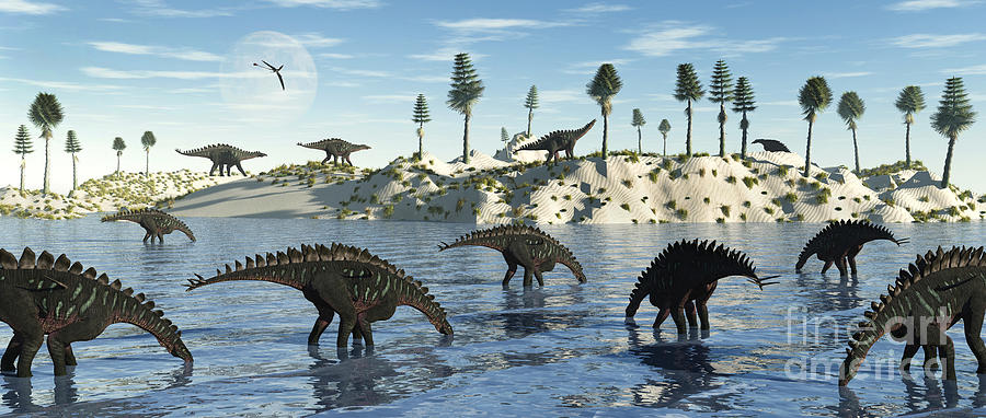 Dinosaur Digital Art - A Herd Of Stegosaurid Miragaia by Mark Stevenson